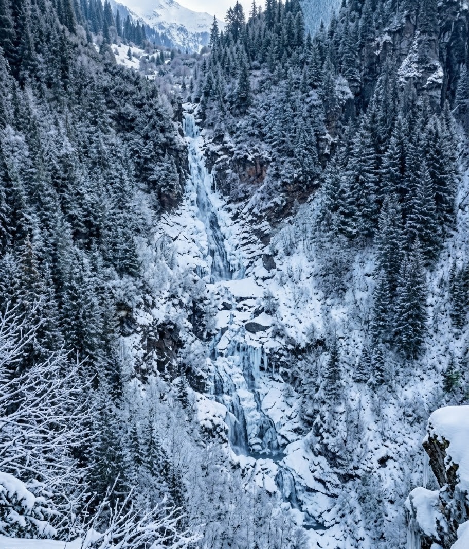 A breathtaking winter landscape of Scurtele Waterfall in the Baiului Mountains, Romania, with frozen water cascades and pine trees covered in thick white snow.