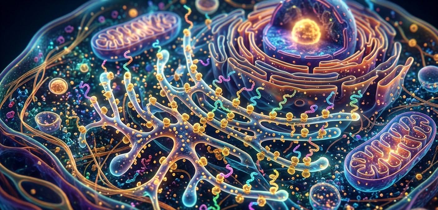 A stunning, highly detailed 3D scientific illustration of a living cell, showing ribosomes (Palade's particles) as glowing golden spheres on the endoplasmic reticulum, with mitochondria and a nucleus in a vibrant, microscopic universe.