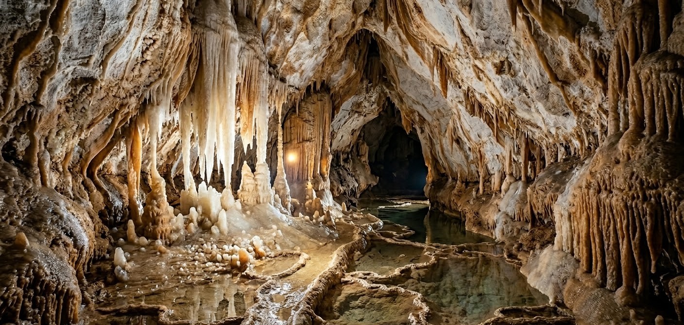 A pristine underground view of Peștera Epuran in Romania, showcasing complex stalactites, stalagmites, and crystal-clear water pools reflecting the limestone ceiling.