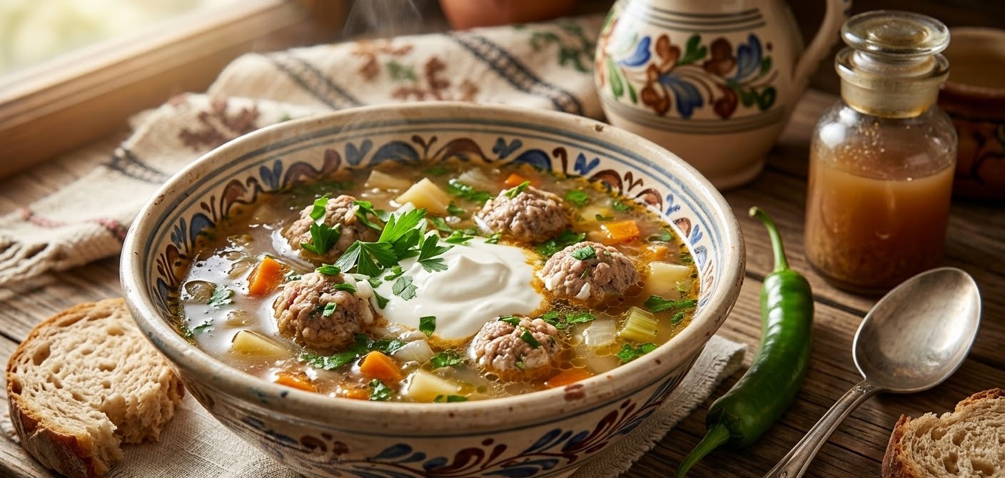 A steaming bowl of traditional Romanian meatball soup (Ciorbă de Perișoare) in a rustic ceramic bowl, topped with a dollop of sour cream and fresh herbs, served with a hot green pepper and crusty bread on a wooden table.