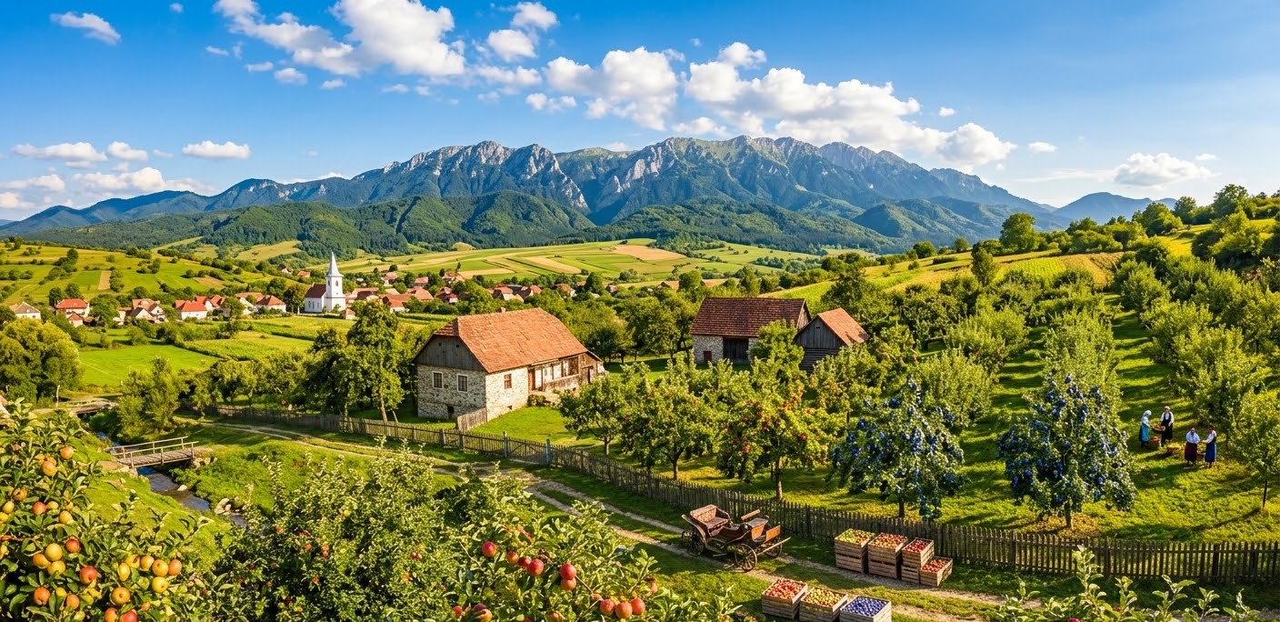 A scenic panoramic view of a traditional Romanian orchard during harvest, with crates of red apples and blue plums, rustic farmhouses, and a mountain range under a clear sky in the background.