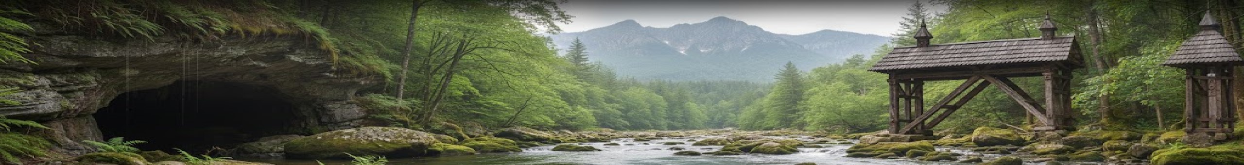 Scenic Romanian landscape featuring a mountain cave, a river, and a traditional wooden gate - Beautiful-Romania.com category banner